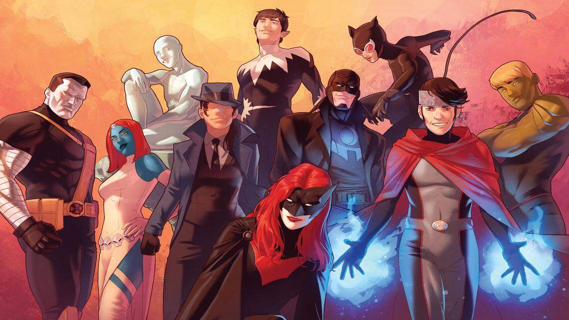 Clockwise from left: Colossus, Iceman, Northstar, Catwoman, Hulkling, Wiccan, The Midnighter, Batwoman, The Question and Mystique.