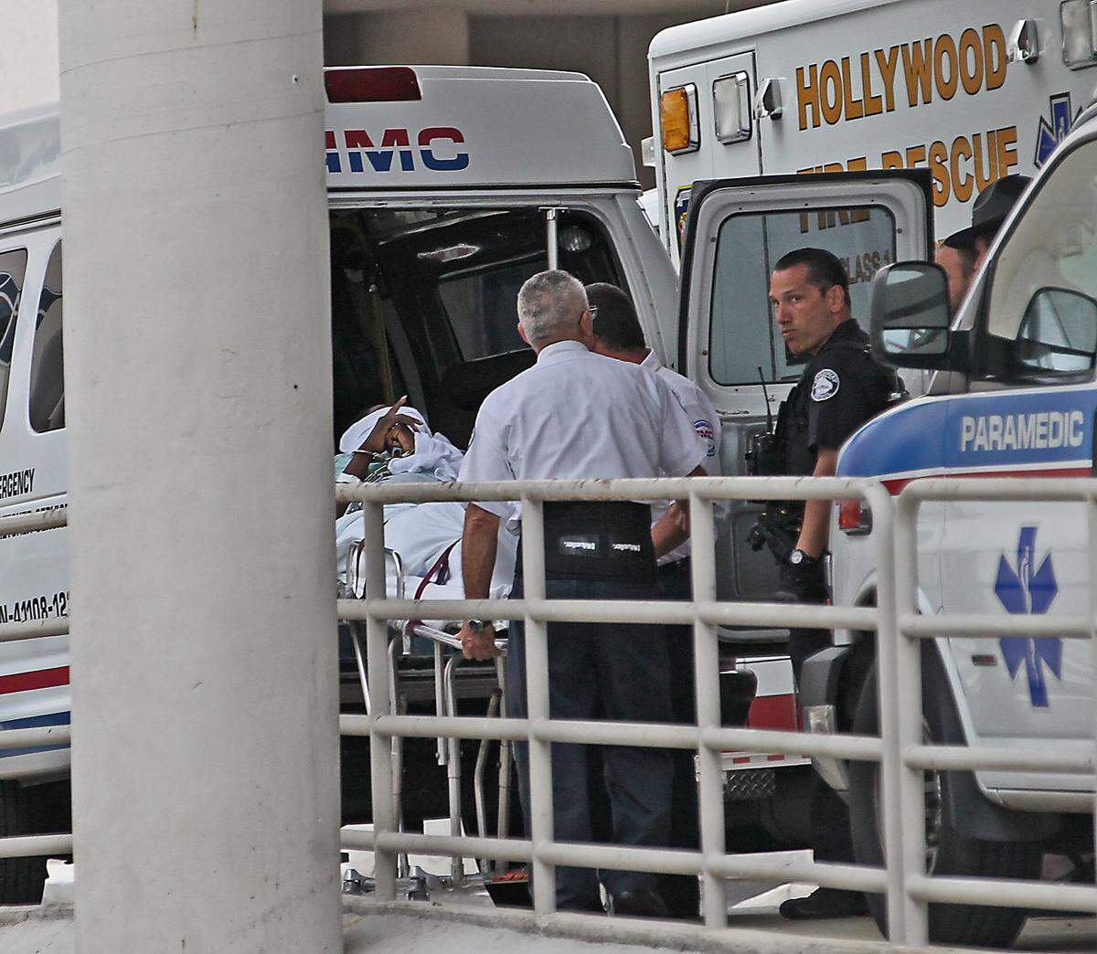 The Florida Highway Patrol arrested suspect Willie Dumel at Memorial Regional Hospital in Hollywood and transported him by ambulance to the Miami-Dade County Jail on May 1, 2013.