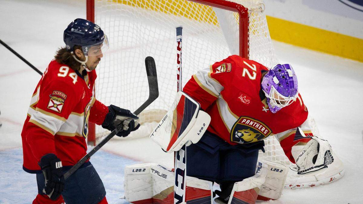 Florida Panthers goaltender Sergei Bobrovsky (72) blocks a shot on goal against the Chicago Blackhawks during the third period of an NHL game at the Amerant Bank Arena on Sunday, Nov 12, 2023, in Sunrise, Fla. The Florida Panthers won 4-3.