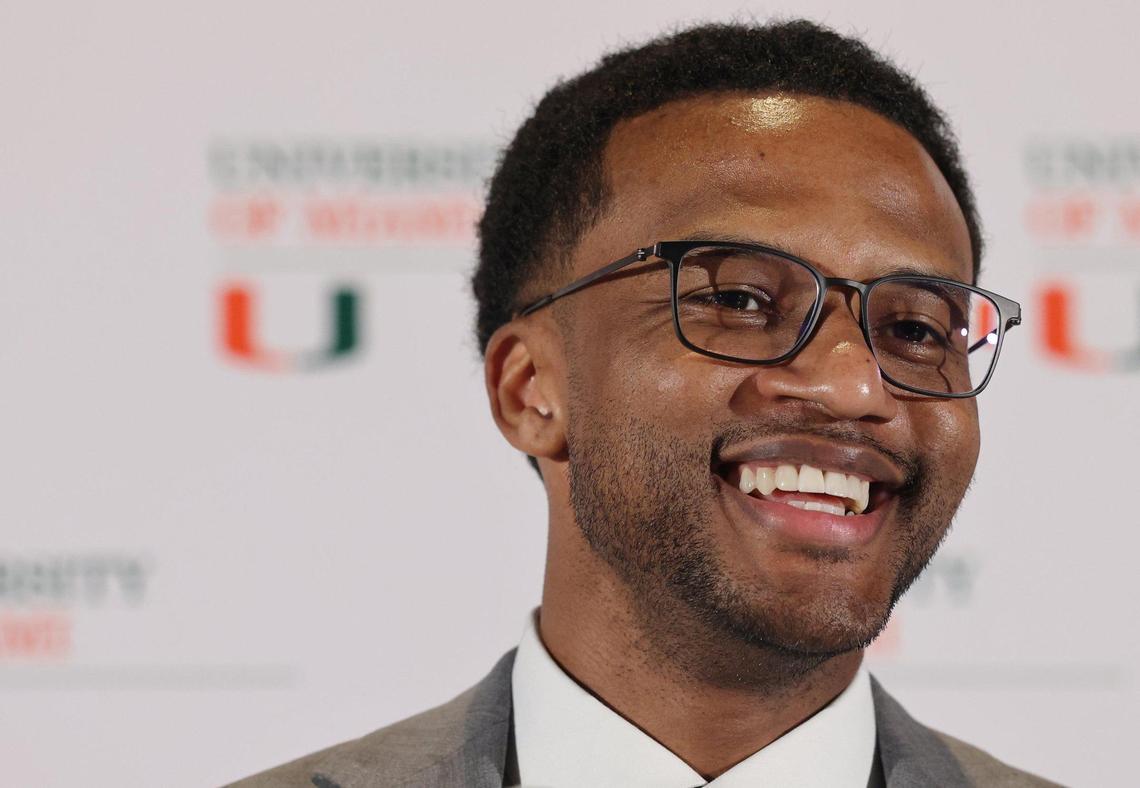 Jai Lucas smiles after being introduced as The University of Miami new head coach of its men’s basketball program, marking a significant move aimed at revitalizing the team and enhancing its competitive edge in college basketball at UM Lakeside Auditorium on Monday, March 10, 2025, in Coral Gables, Florida.