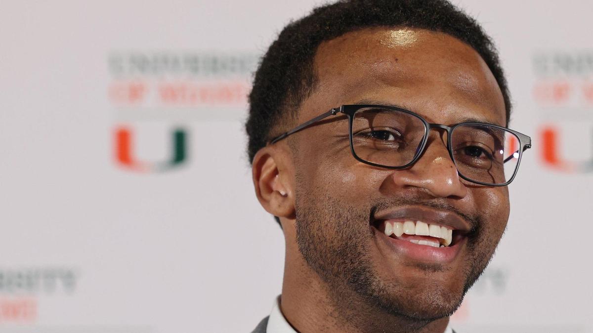 Jai Lucas smiles after being introduced as The University of Miam new head coach of its men’s basketball program, marking a significant move aimed at revitalizing the team and enhancing its competitive edge in college basketball at UM Lakeside Auditorium on Monday, March 10, 2025, in Coral Gables, Florida.