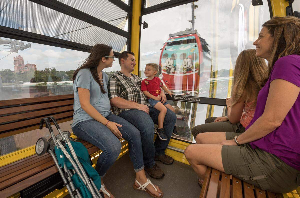 Each gondola on the Disney Skyliner will carry up to 10 guests who will have sweeping views of parts of Walt Disney World.