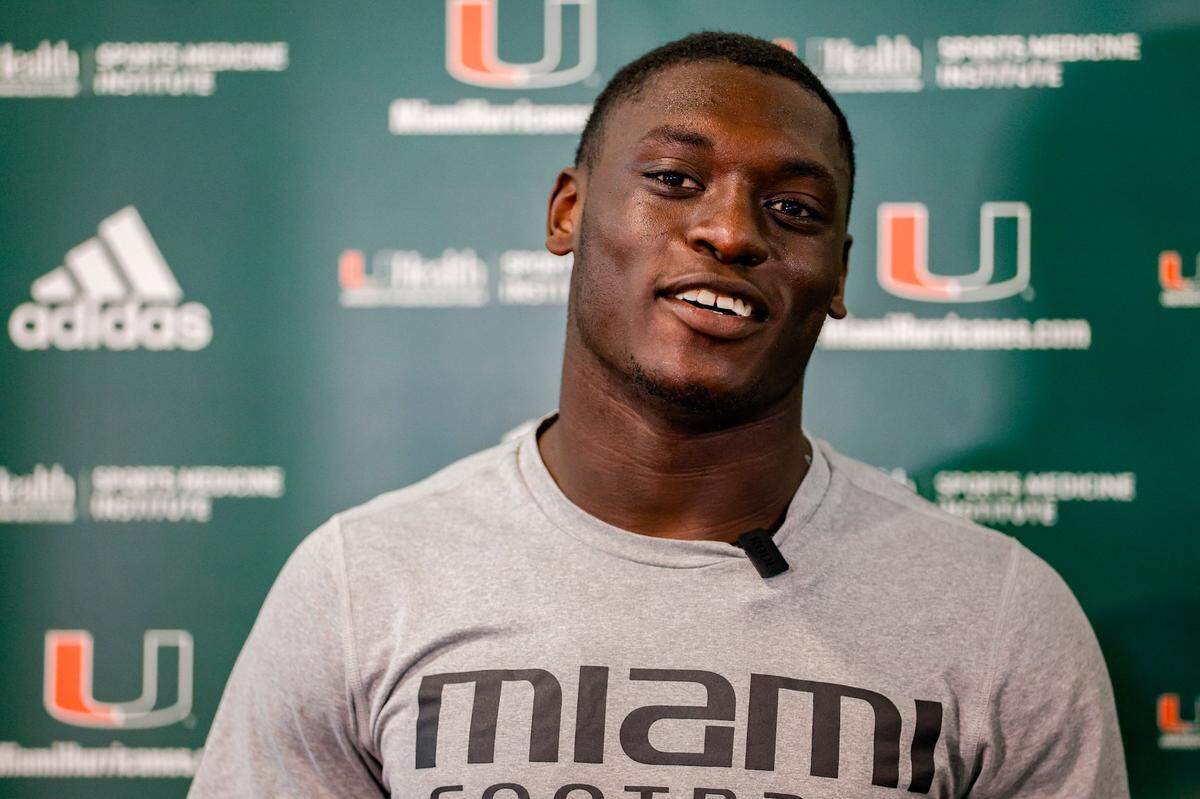 Miami Hurricanes linebacker Wesley Bissainthe (31) talks to reporters after spring practice at the University of Miami in Coral Gables, Florida, Saturday, March 4, 2023.