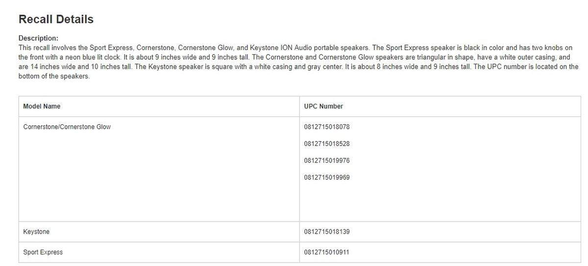 UPC numbers of the ION portable speakers that were recalled on May 21, 2019. The models include Cornerstone and Cornerstone Glow, Keystone and Sport Express.