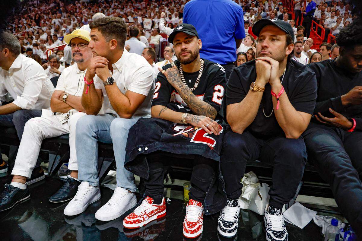 Brazilian soccer player Neymar poses as he is photographed during Game 3 of the NBA Finals between the Miami Heat and the Denver Nuggets at the Kaseya Center on Wednesday, June 7, 2023, in Miami, Fla.