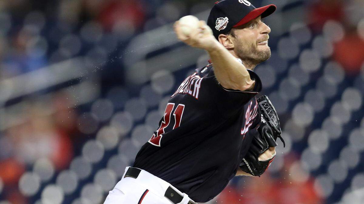 WASHINGTON, DC - SEPTEMBER 25: Starting pitcher Max Scherzer #31 of the Washington Nationals throws a first inning pitch against the Miami Marlins at Nationals Park on September 25, 2018 in Washington, DC. (Photo by Rob Carr/Getty Images)