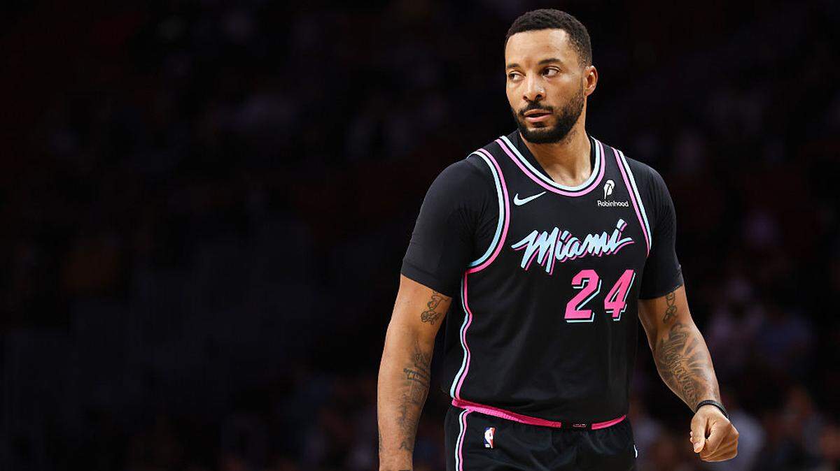 Norman Powell #24 of the Miami Heat looks on against the New Orleans Pelicans during the fourth quarter at Kaseya Center on January 04, 2026 in Miami.