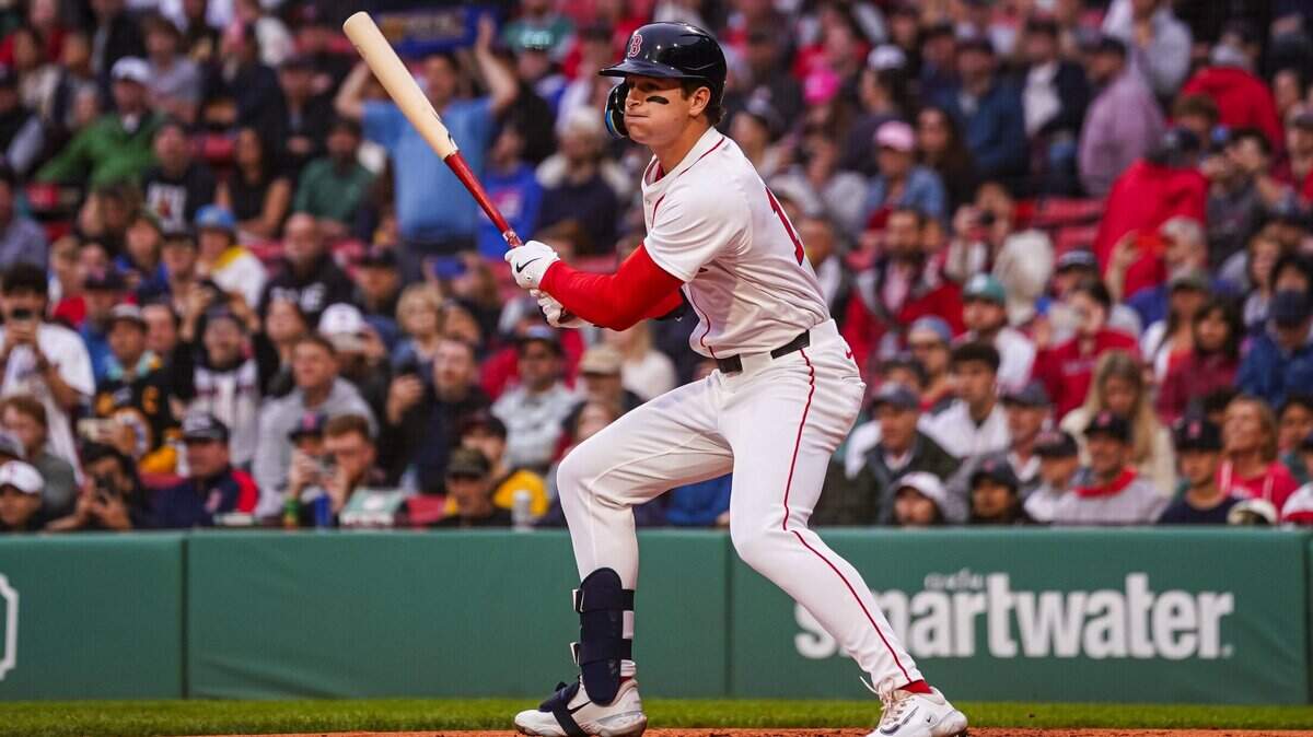 Jun 10, 2025; Boston, Massachusetts, USA; Boston Red Sox outfielder Roman Anthony (19) hits a double to drive in two runs against the Tampa Bay Rays in the first inning at Fenway Park. Mandatory Credit: David Butler II-Imagn Images