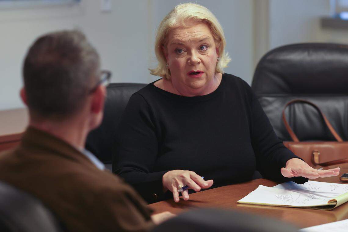 Longtime Memorial cancer patient Kara Skorupa, chair of the Human Rights Committee, right, leads her meeting on Wednesday, February 11, 2026, in Miami Beach, Florida. 