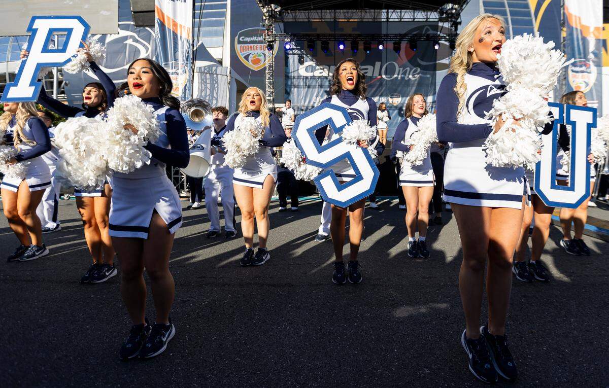 Penn State Nittany Lions cheerleaders perform before their team plays against the Notre Dame Fighting Irish in the NCAA Playoff Semifinal Capital One Orange Bowl football game at Hard Rock Stadium on Thursday, Jan. 9, 2025, in Miami Gardens, Fla.