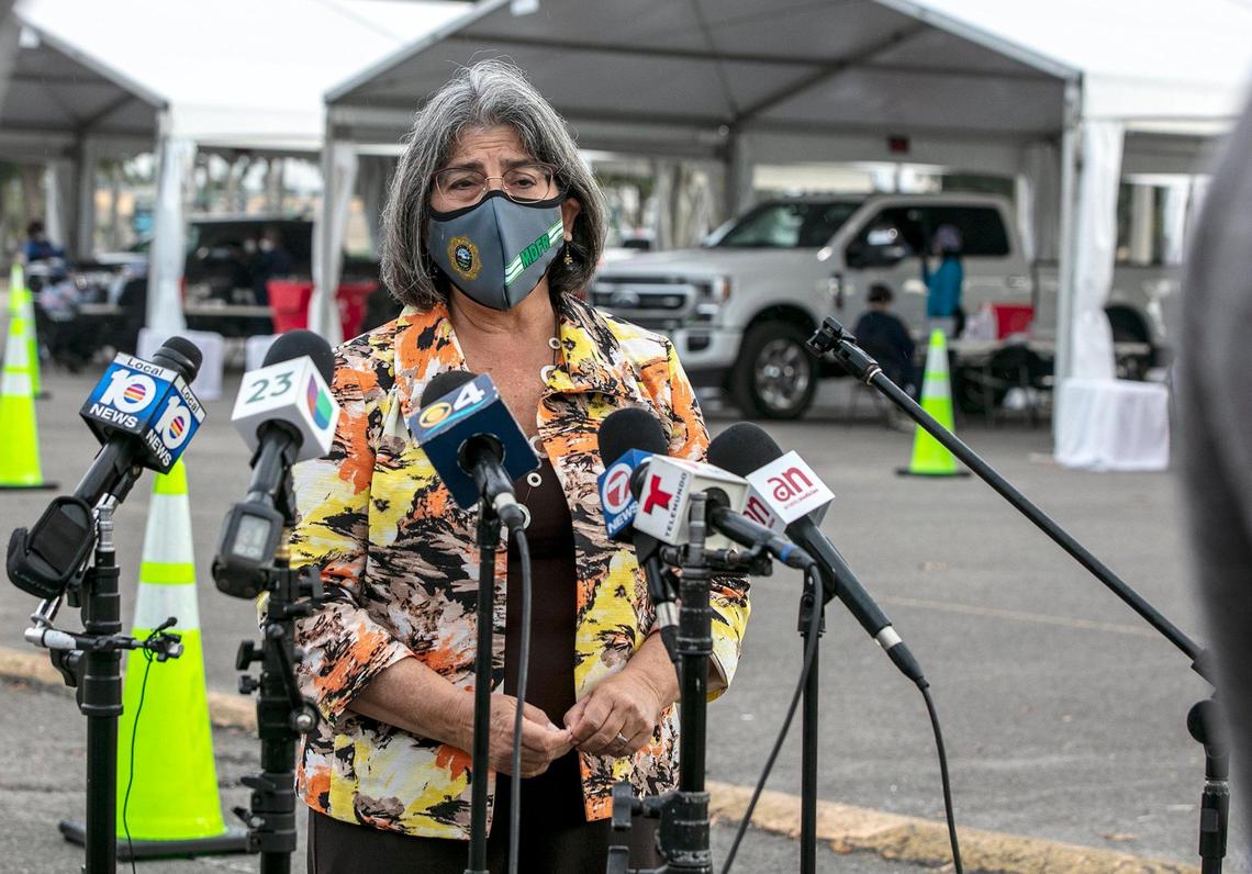 Mayor Daniella Levine Cava talks about vaccination in Miami-Dade County during a visit to the Tropical Park COVID vaccination site in Miami on Wednesday, Jan. 13, 2021.