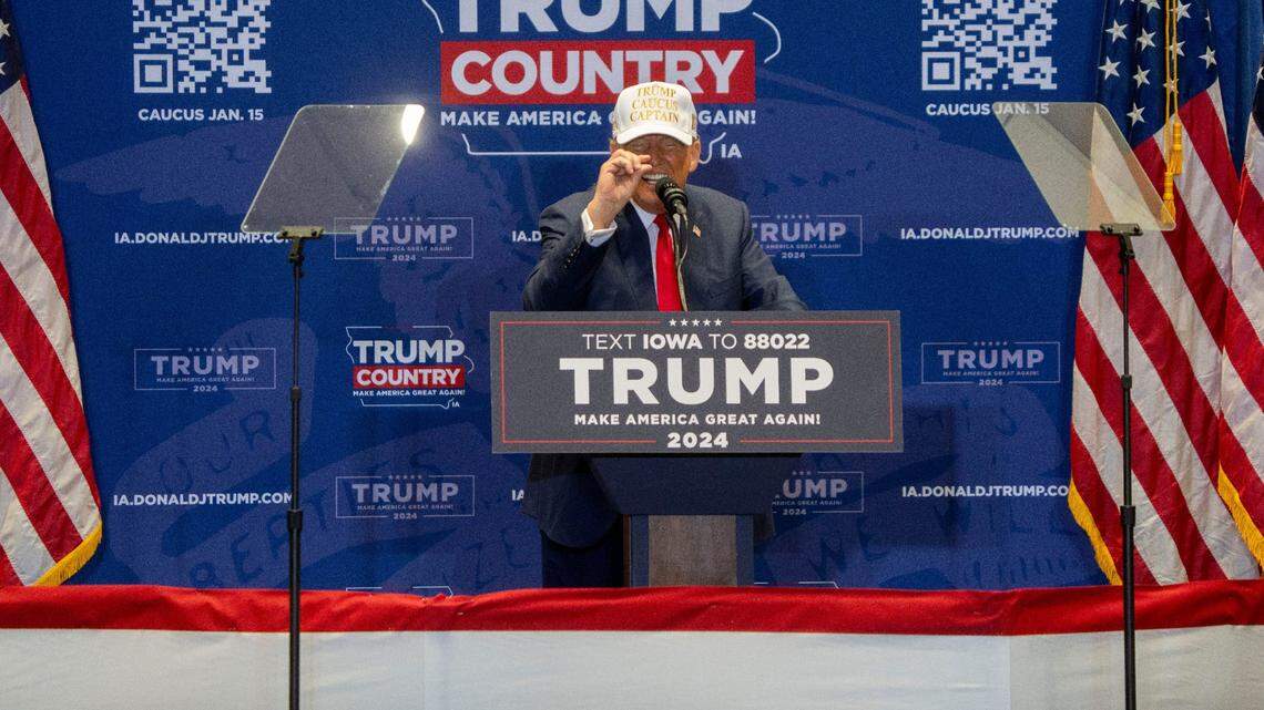 Former President Donald Trump speaks during a campaign event ahead of the Iowa Caucus on Jan. 14 at Simpson College in Indianola.