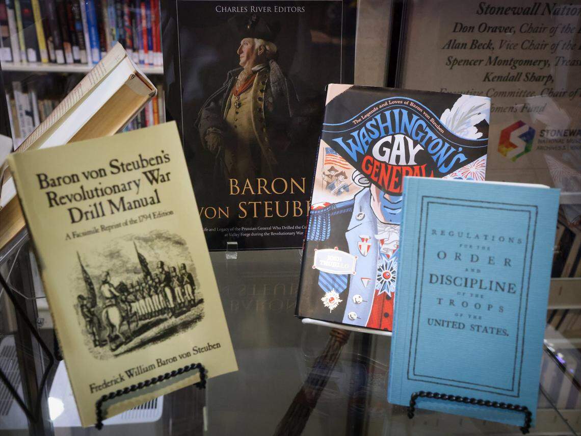 Books written by Baron von Steuben and others are in display at the exhibits. In commemoration of America's 250th anniversary, the Stonewall National Museum in Fort Lauderdale debuts a new exhibition on Baron Friedrich Wilhelm von Steuben, a gay general who helped reform the Continental Army during the Revolutionary War, Wednesday, April 23, 2026.
