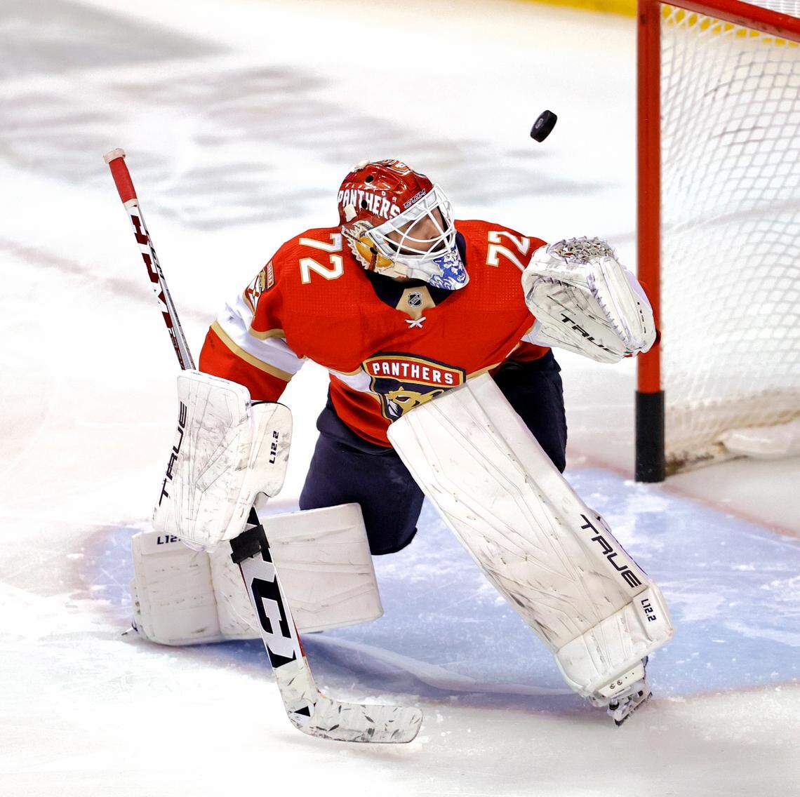 Florida Panthers goaltender Sergei Bobrovsky (72) practice before the start of an NHL game against Los Angeles Kings at the FLA Live Arena on Thursday, December 16, 2021 in Sunrise, Fl.