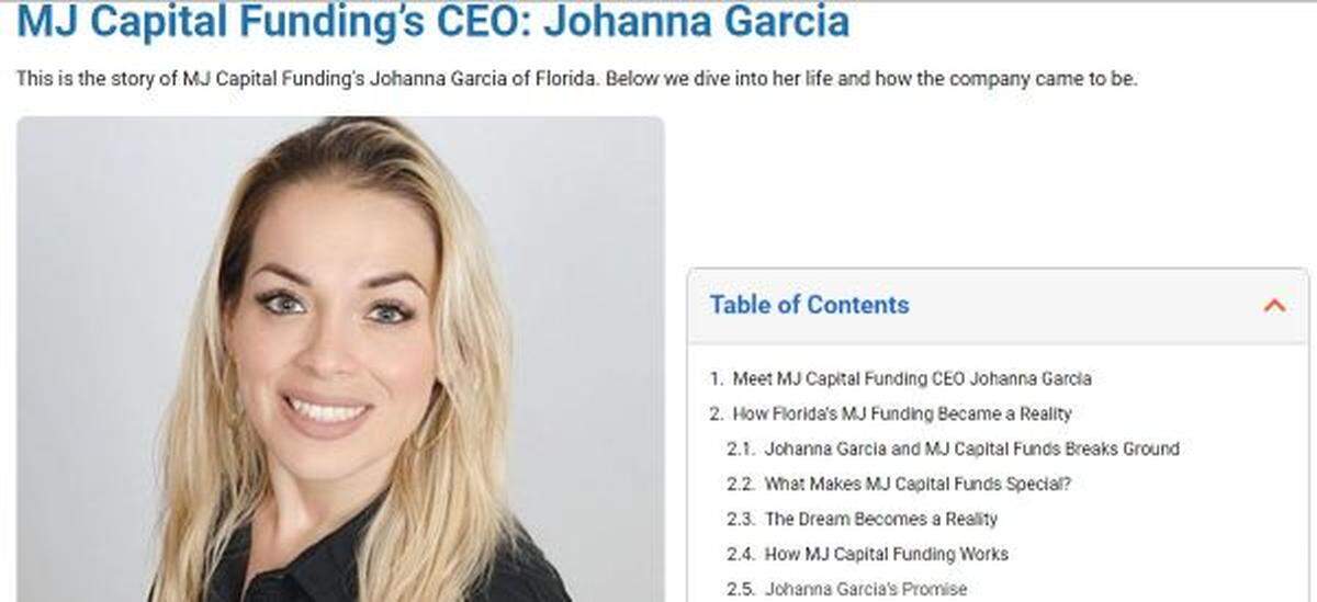 The MJ Capital Funding webpage profile of CEO Johanna Garcia, now indicted on fraud charges.