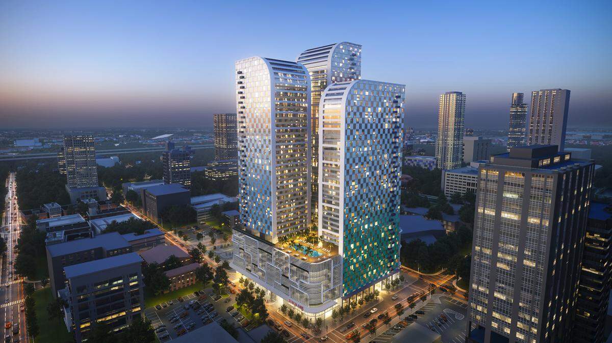 A rendering of the three residential towers expected to replace the 7-story College Station Garage at 190 NE Third St.