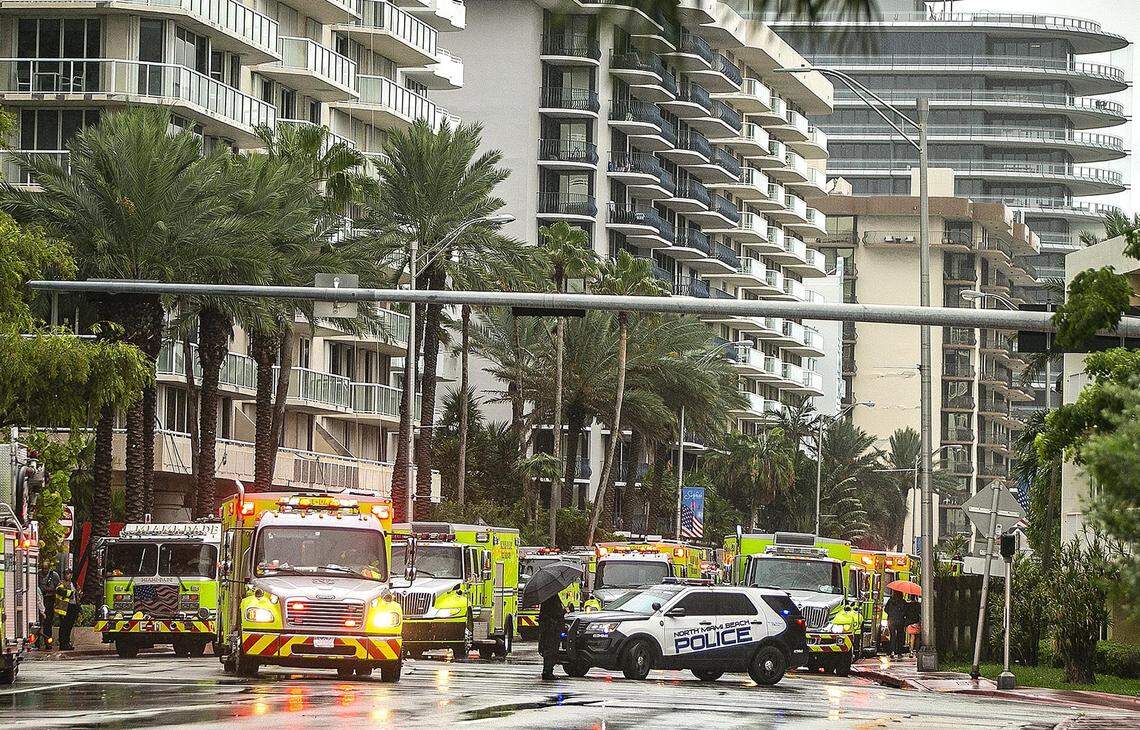 Multiple Miami-Dade County Fire Rescue trucks are on the scene at the Champlain Towers South Condo in Surfside, 8777 Collins Avenue, after the early morning collapse in Surfside, Florida, Thursday, June 24, 2021.