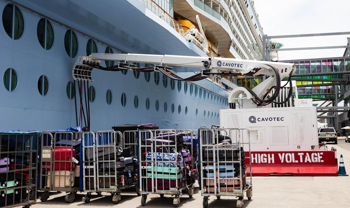 Royal Caribbean’s Freedom of the Seas connects to a shore power system in PortMiami on Monday, June 17, 2024 in Miami, Fla. Miami-Dade County officially launched shore power at PortMiami Monday, allowing cruise ships to turn off their engines and plug into a land side electrical power while docked, resulting in reduced emissions and noise.