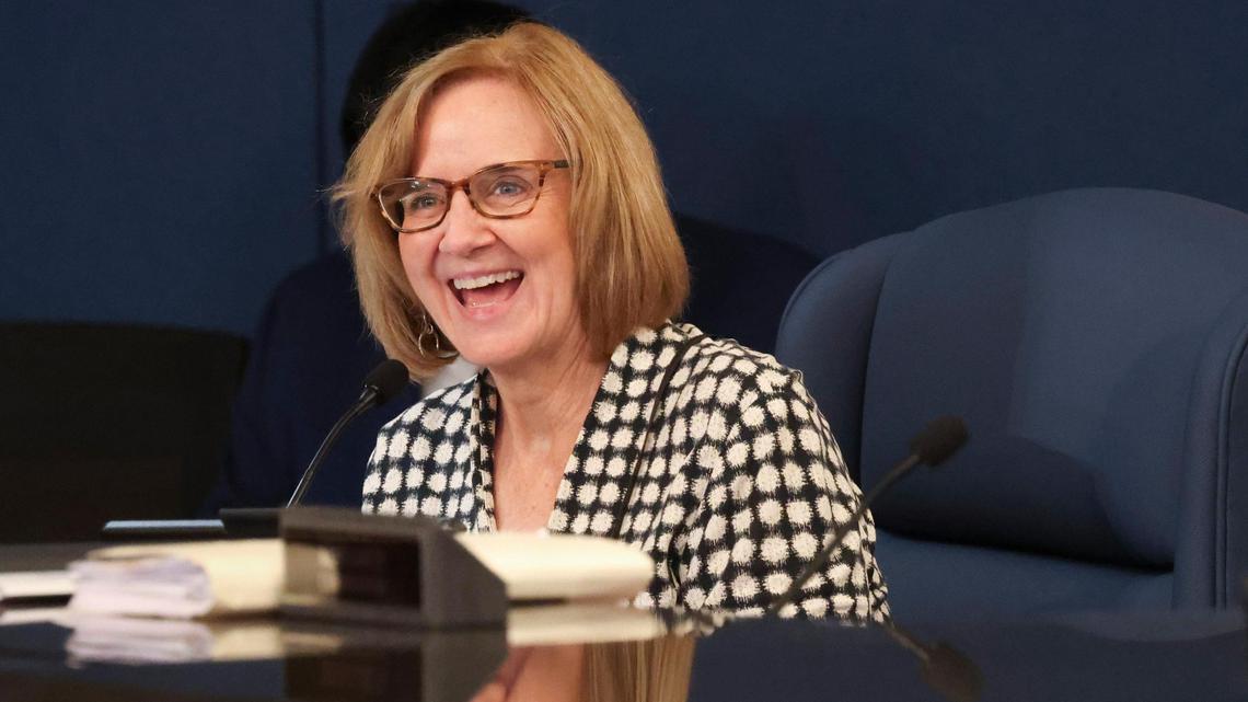 Commissioner Eileen Higgins smiles during the Miami-Dade County Commission meeting on Tuesday, April 1, 2025, at the Stephen P. Clark Government Center in downtown Miami.