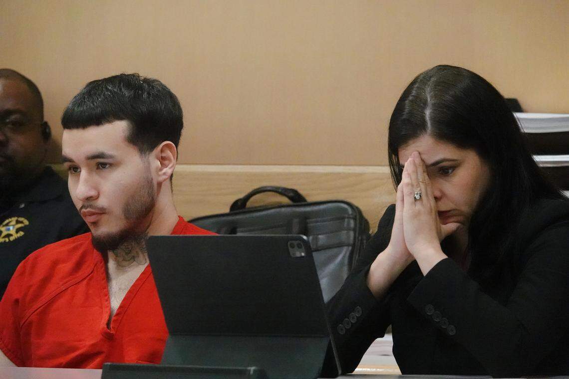 Jason Banegas and his attorney Lien Lafargue listen to the sentence in the 2021 shooting death of Hollywood police officer Yandy Chirino, Wednesday, April 8, 2026 at the Broward County Courthouse in Fort Lauderdale. 