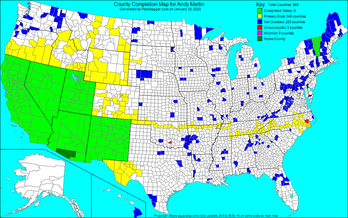 Andy Martin was the first highpointer to extend his “glob,” the collection of neighboring counties he has summited, from the east coast to the west coast. The narrow strip of county high points he climbed across the south to reach the Atlantic Ocean has come to be known as “Martin’s Lane.”