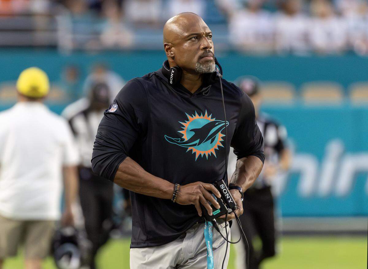Miami Dolphins defensive coordinator Anthony Weaver looks on before an NFL game against the New York Jets at Hard Rock Stadium on Monday, Sept. 29, 2025, in Miami Gardens, Fla.