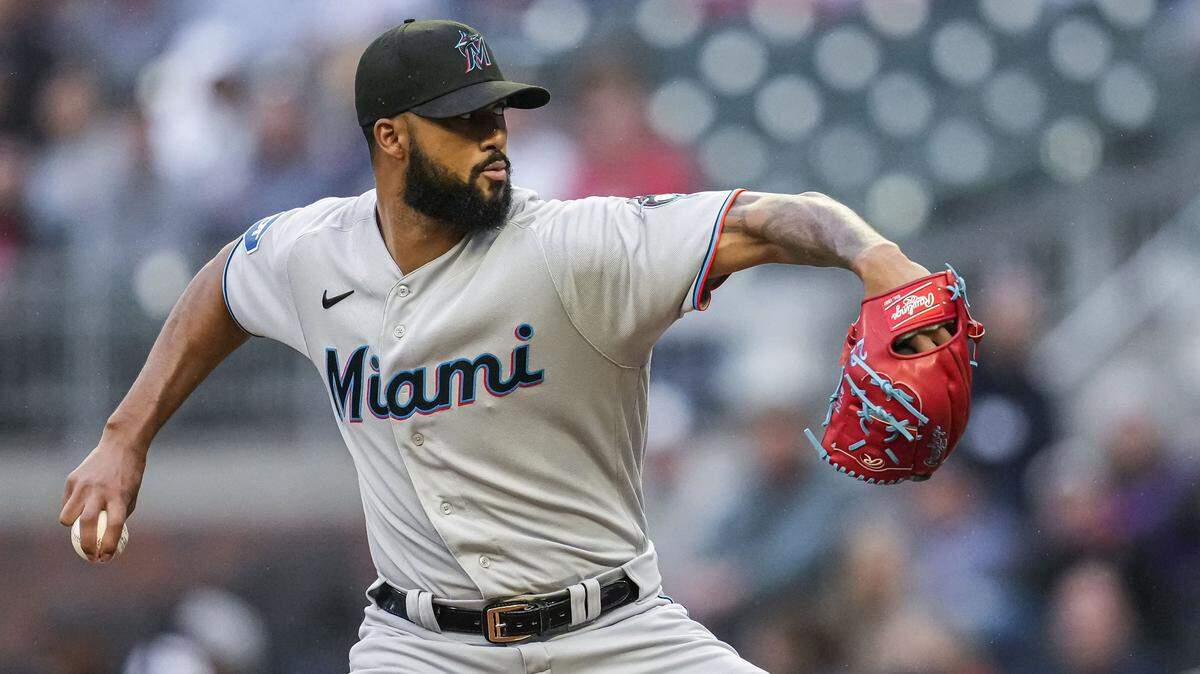 Miami Marlins starting pitcher Sandy Alcantara pitches against the Atlanta Braves during the first inning at Truist Park on Wednesday, April 26, 2023.