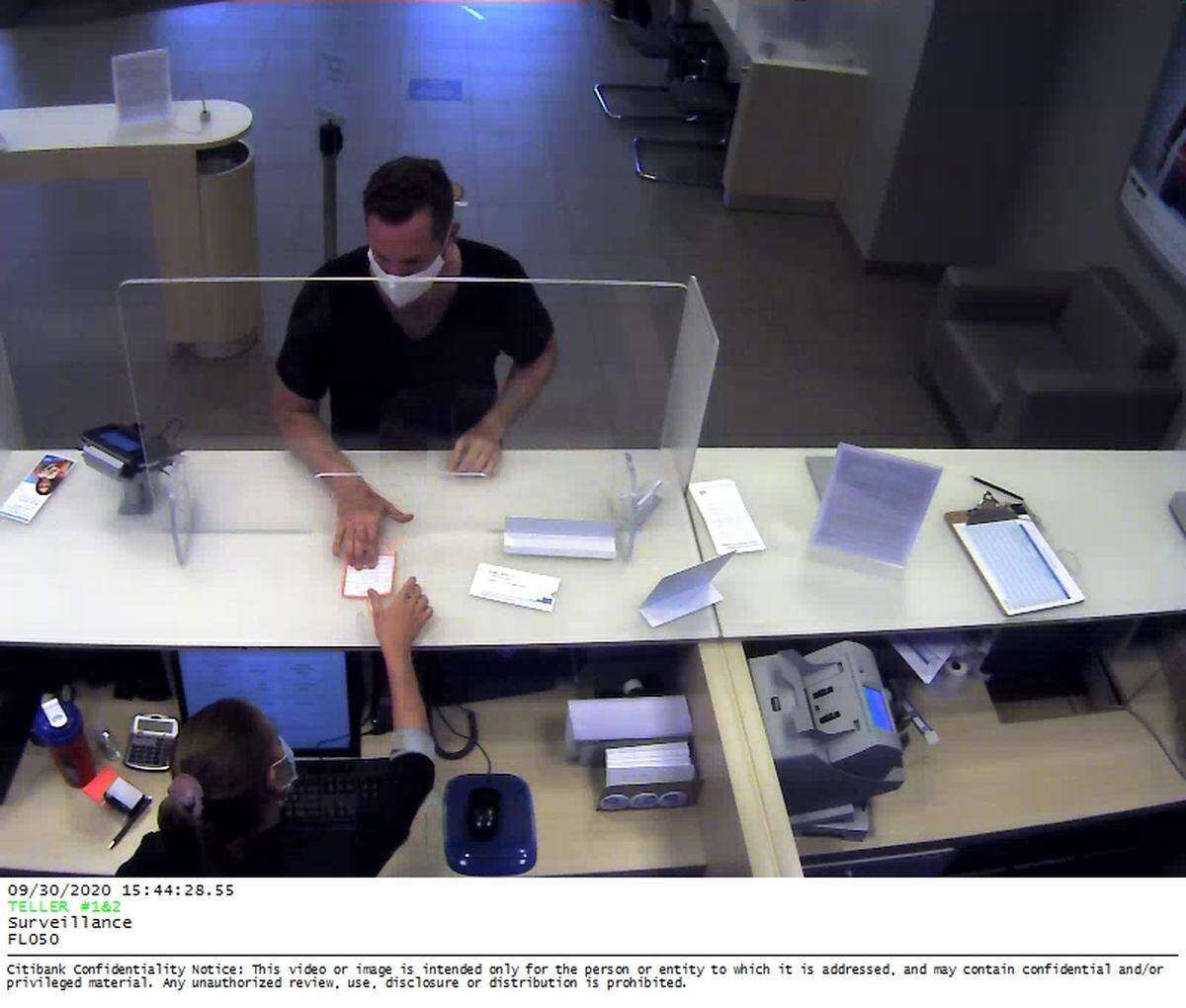 Surveillance camera photos of what the FBI says is the Sept. 30 bank robbery of the Citibank at 396 Alhambra Circle in Coral Gables, one of five robberies the agency credits to Aaron Honaker.