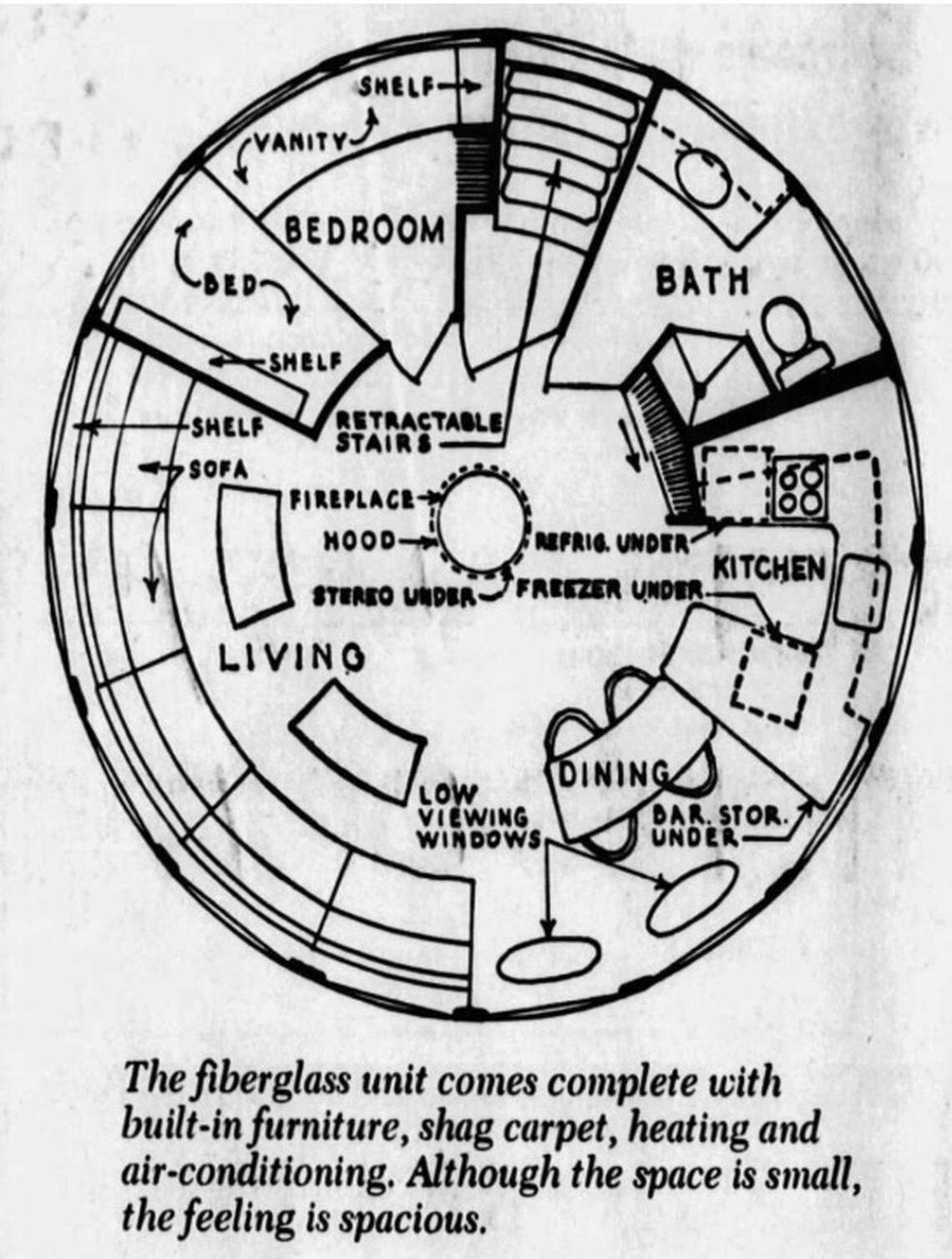 The Dec. 6, 1970 edition of the St. Petersburg Times ran a story about Futuro houses after a dealership popped up in Clearwater. The story included this diagram depicting the pre-furnished model’s interior.