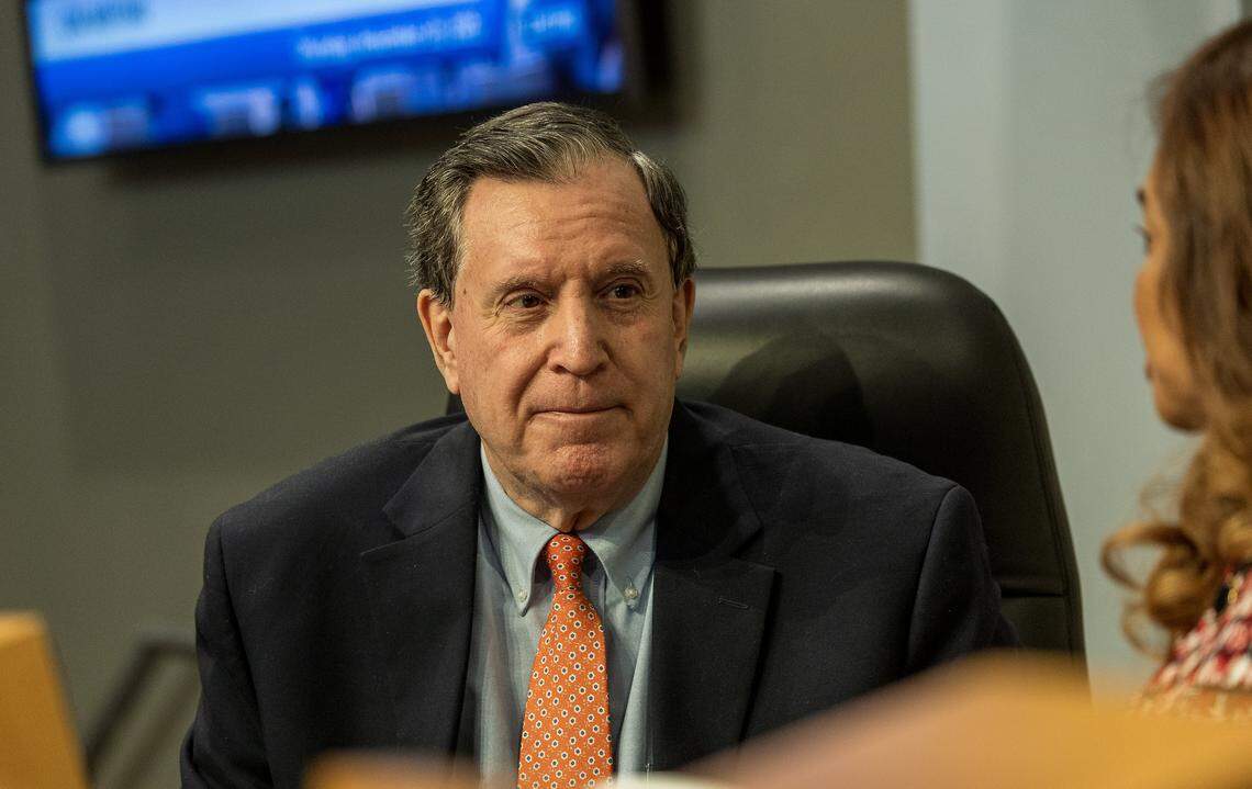 City of Miami Commissioner Joe Carollo reacts as he talks with Chairwoman Christine King, during a Commission meeting to discuss important items including a proposal to donate $7.5 million in city services to the World Cup when the games come to Miami Gardens next year.at City Hall, on Thursday November 20, 2025.