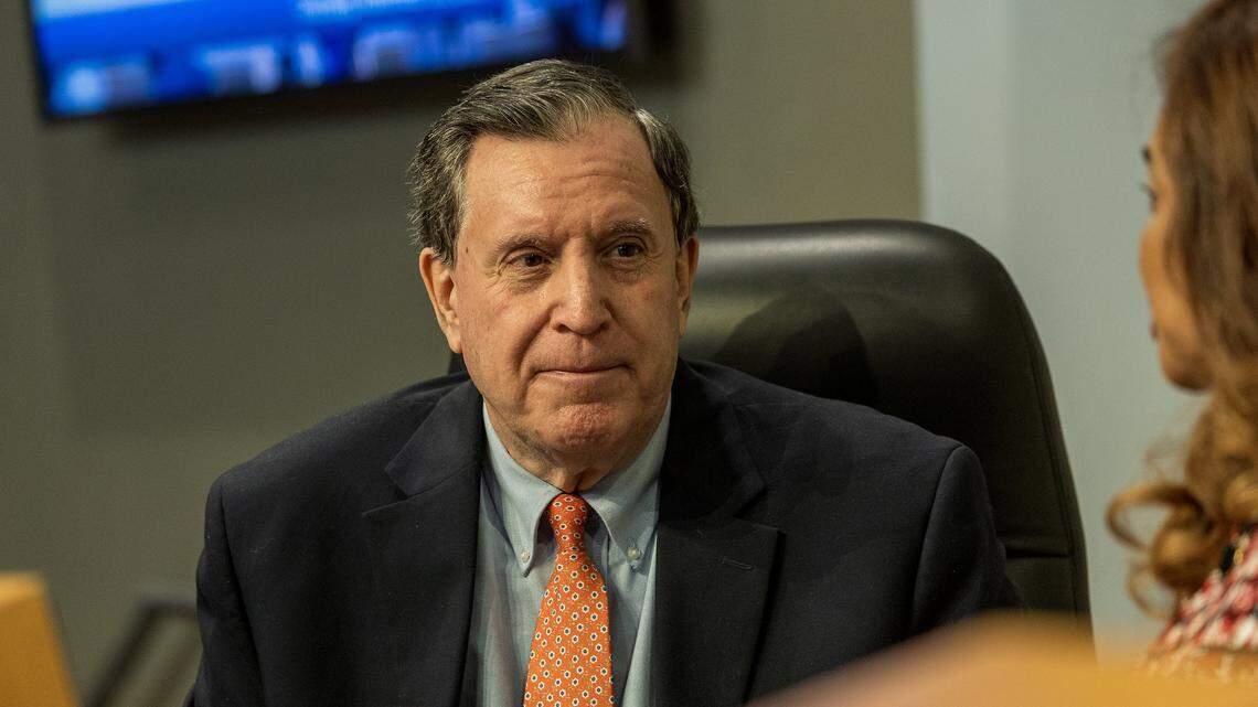 City of Miami Commissioner Joe Carollo reacts as he talks with Chairwoman Christine King, during a Commission meeting to discuss important items including a proposal to donate $7.5 million in city services to the World Cup when the games come to Miami Gardens next year.at City Hall, on Thursday November 20, 2025.