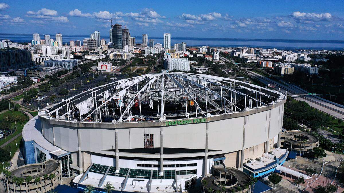 An aerial view of the domed roof at Tropicana Field, the home of the Tampa Bay Rays, was ripped to shreds from Hurricane Milton’s powerful winds in St. Petersburg.