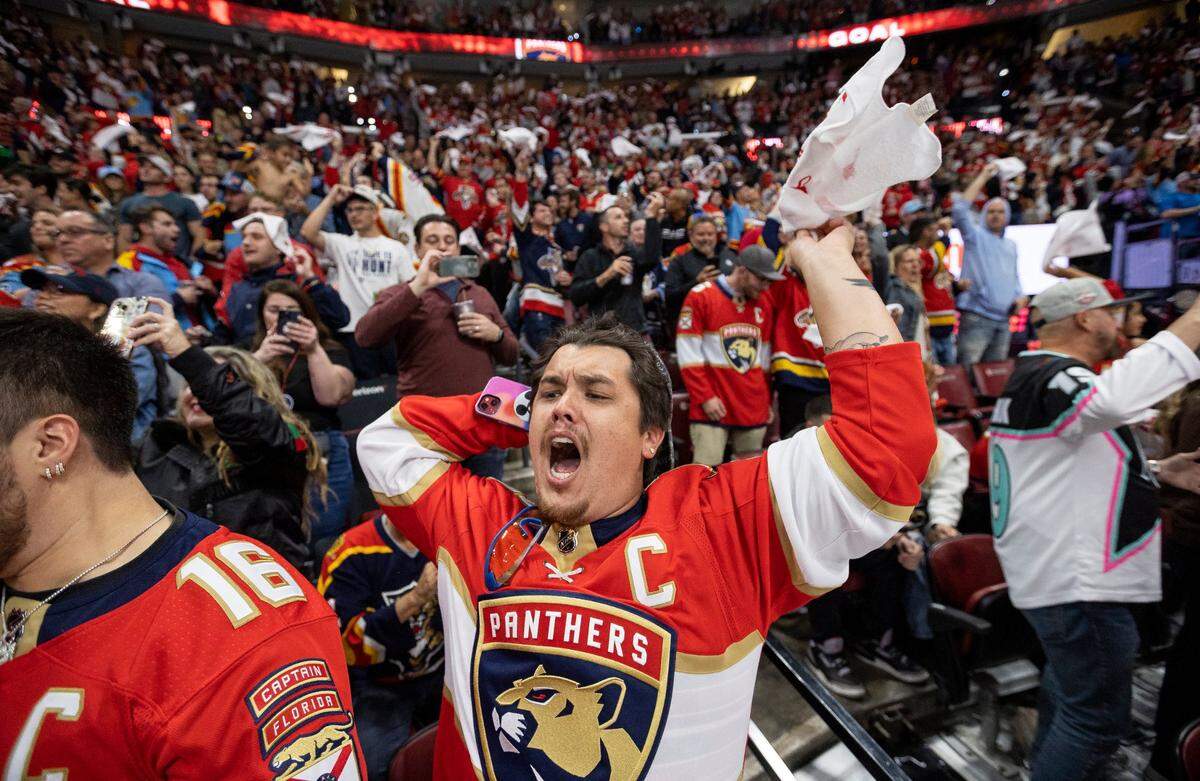 Florida Panthers fan Layton Thomas cheers after Panthers left wing Ryan Lomberg scored a goal against the Carolina Hurricanes in the second period of Game 4 of the NHL Stanley Cup Eastern Conference finals series at the FLA Live Arena on Wednesday, May 24, 2023 in Sunrise, Florida.