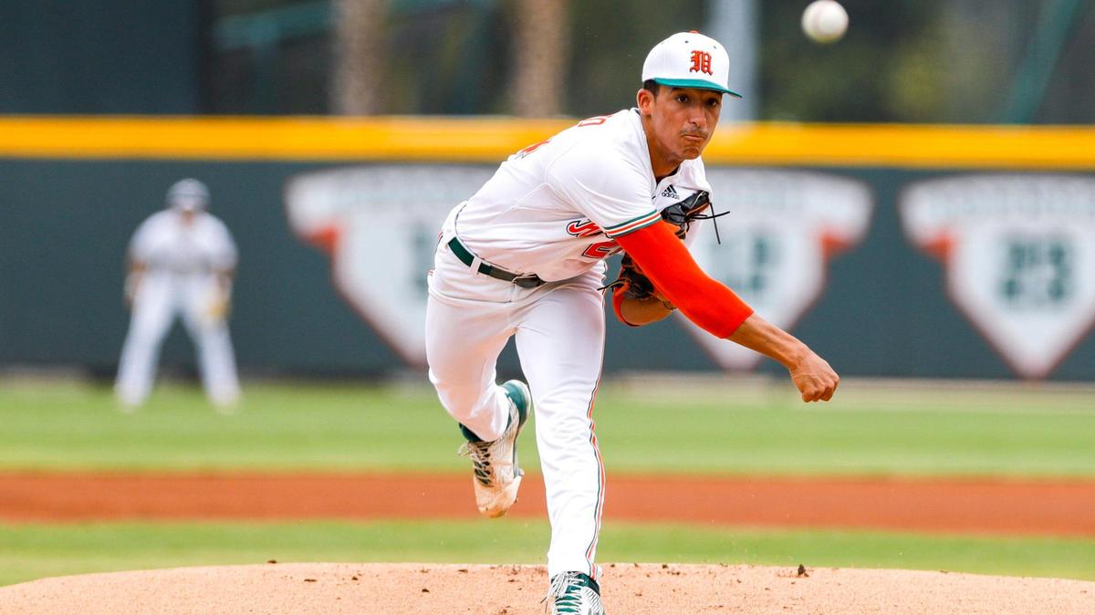 Miami Hurricanes pitcher Alejandro Rosario (24) delivers a pitch during the first inning against Notre Dame at Alex Rodriguez Park at Mark Light Field in Coral Gables, Florida on Saturday, May 21, 2022.