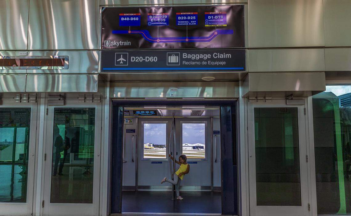 A child passenger seen inside the MIA Skytrain departing from the recently opened Concourse D's station 1, as the Skytrain system service is fully restored ahead of Labor Day weekend in Miami, on Thursday, August 28, 2025.