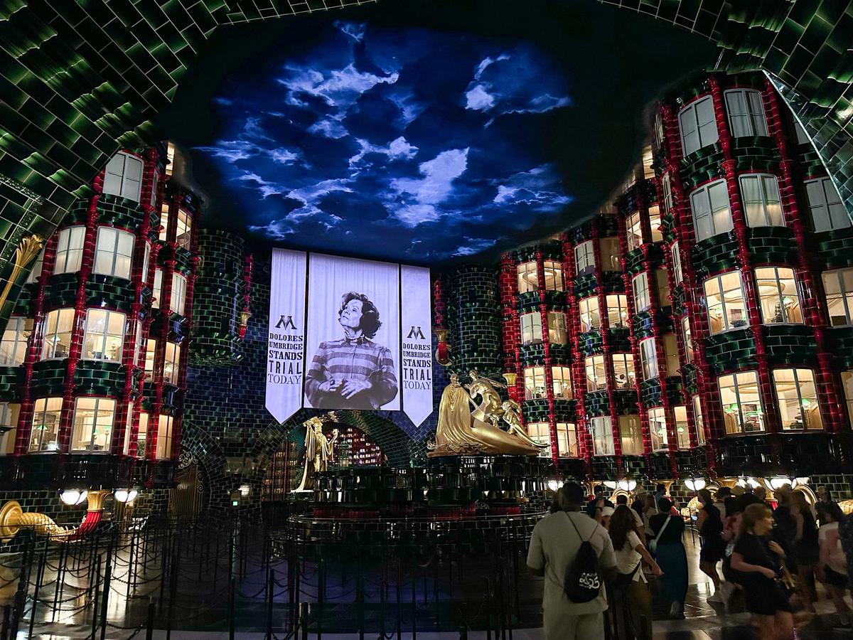 The grand atrium of the Harry Potter series’ British Ministry of Magic is recreated in the queue for the Harry Potter and the Battle at the Ministry attraction at Universal Epic Universe.