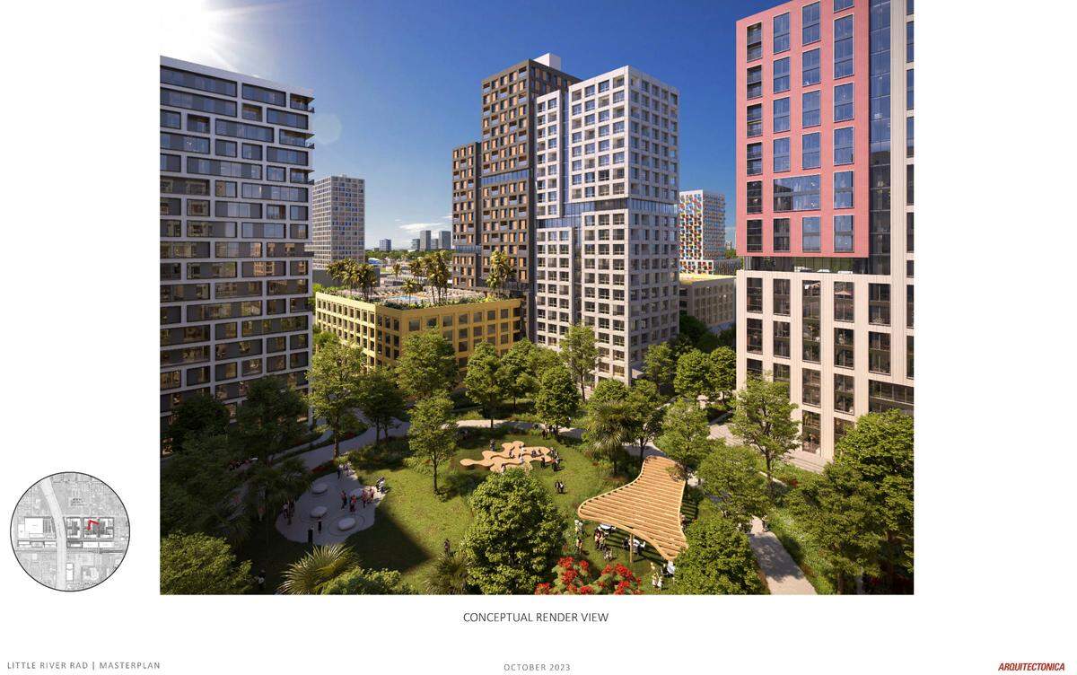 Una representación conceptual muestra cómo podría lucir una parte de un enorme proyecto de reurbanización propuesto que traería 5.000 unidades de vivienda asequible y para trabajadores a los barrios Little River y Little Haiti de Miami una vez completado.