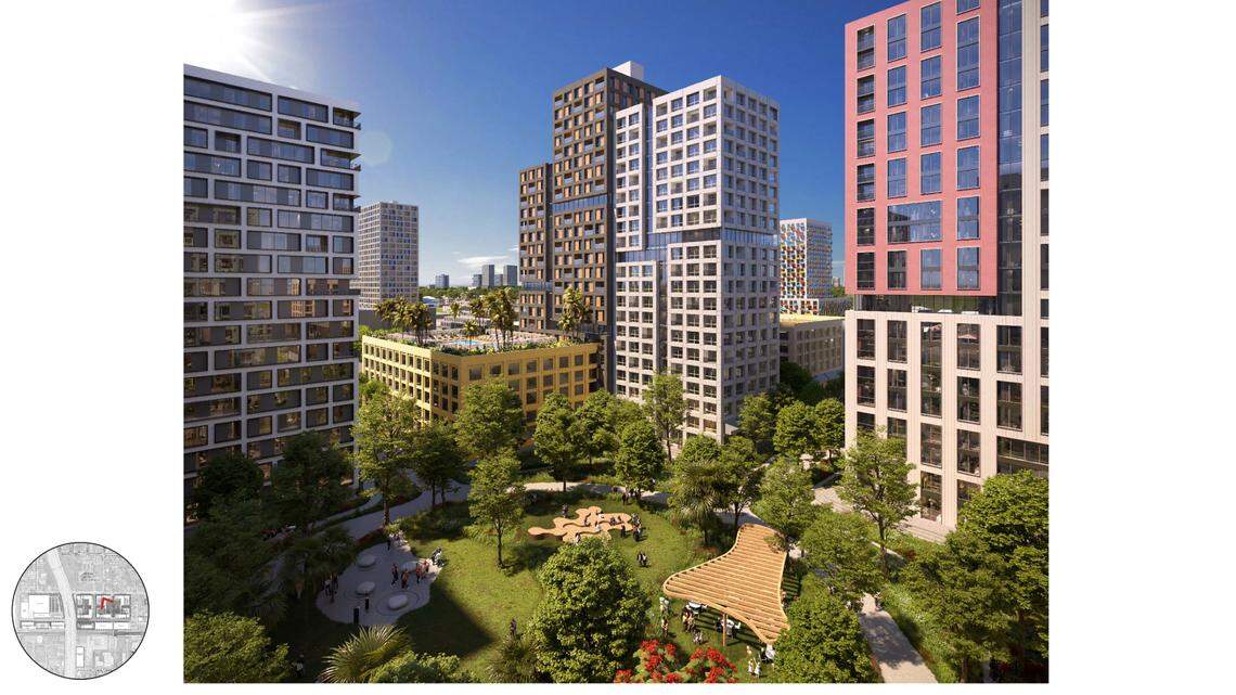 A conceptual rendering displays how a portion of a massive, proposed redevelopment project that would bring 5,000 units of affordable and workforce housing to Miami’s Little River and Little Haiti neighborhoods could look once completed.