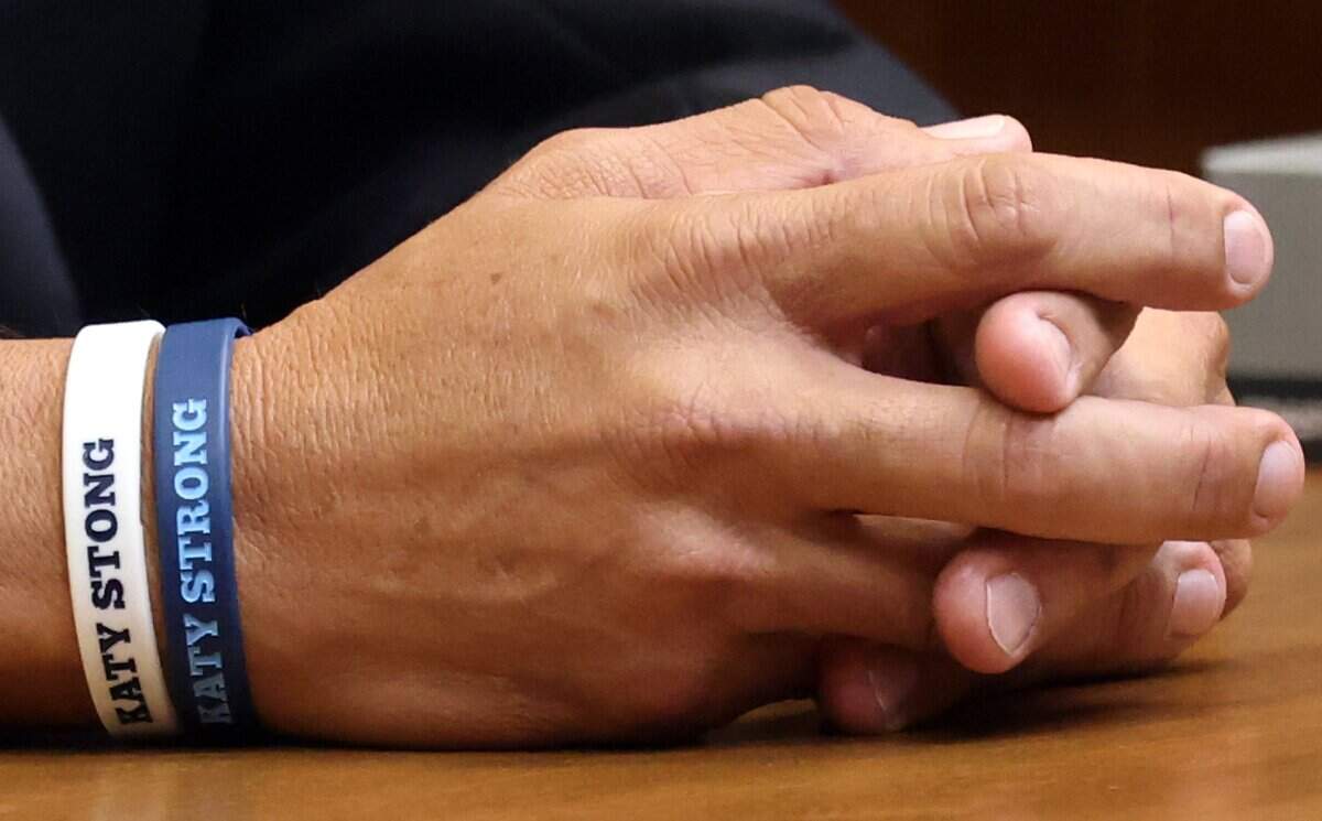 Rudy Puig testifies with two bands in honor of his injured daughter, Katy Puig, during the Pino trial on Wednesday, June 17, 2026, in Miami. Puig, who took the stand as a witness, identified Pino before the court, as attorneys and jurors observed. Pino is charged in connection to the crash that killed 17-year-old Lucy Fernandez.