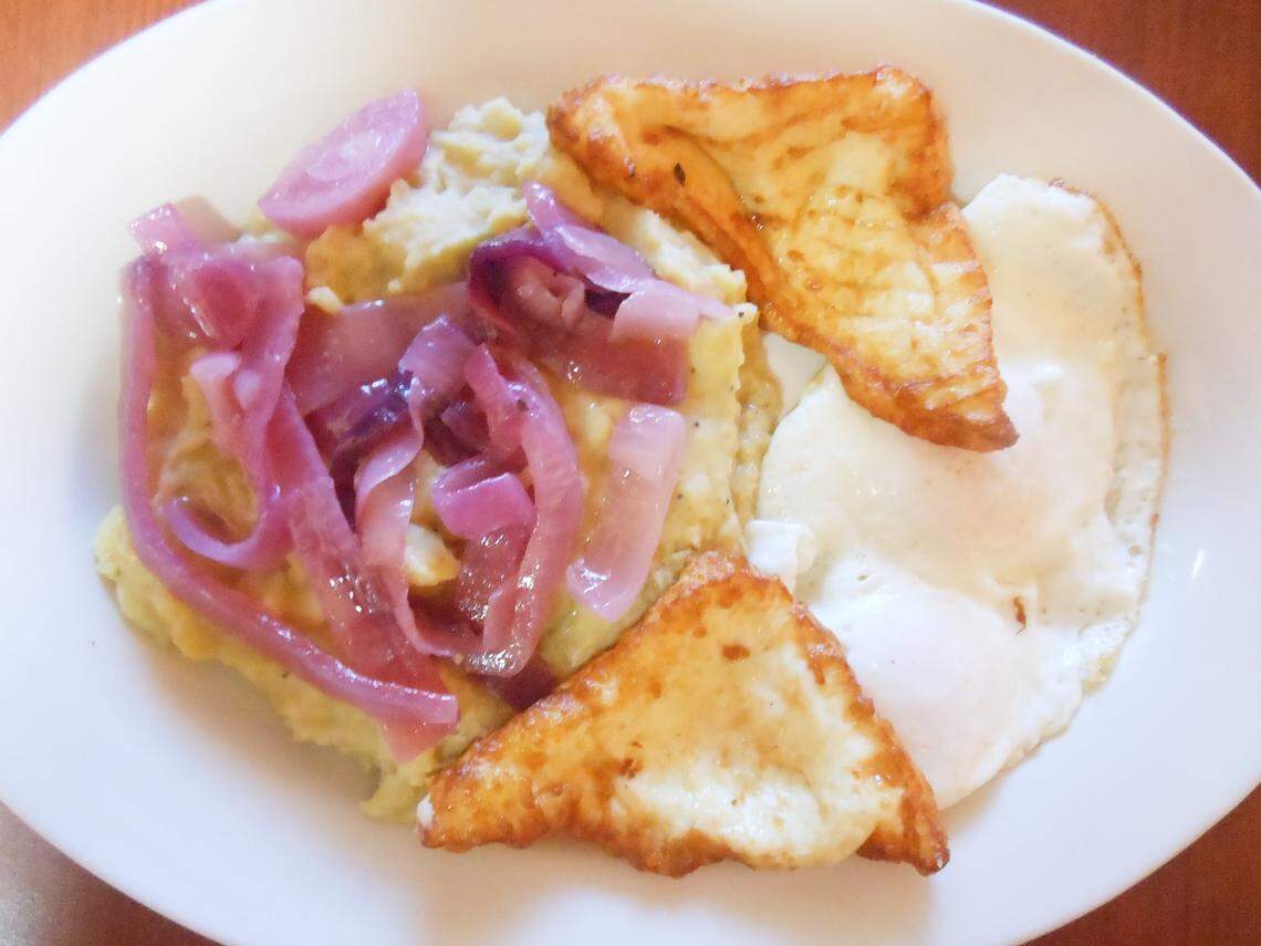 Los Tres Golpes: mangú, fried cheese and a fried egg at Mangú Dominicano.