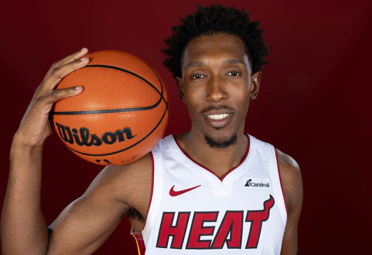 Miami Heat guard Josh Richardson (0) is photographed during team Media Day at the Kaseya Center on Monday, Oct. 2, 2023, in Miami, Fla.