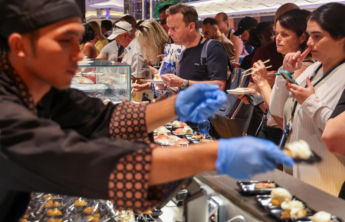 Guests and travelers sample Sushi Kaito Bar offerings as MSC Cruises officially named its highly-anticipated new flagship, MSC World America, at the line’s new state-of-the-art MSC Miami Cruise Terminal on Wednesday, April 9, 2025, at the Port of Miami.