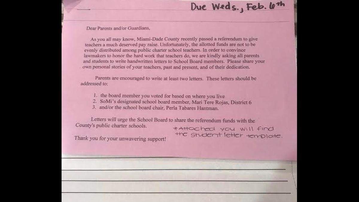 Somerset Academy Elementary School South Miami Campus is encouraging parents and students to write letters to the Miami-Dade County School Board to compel them to share part of the roughly $235 million raised in a property tax referendum passed in November to pay charter school teachers.