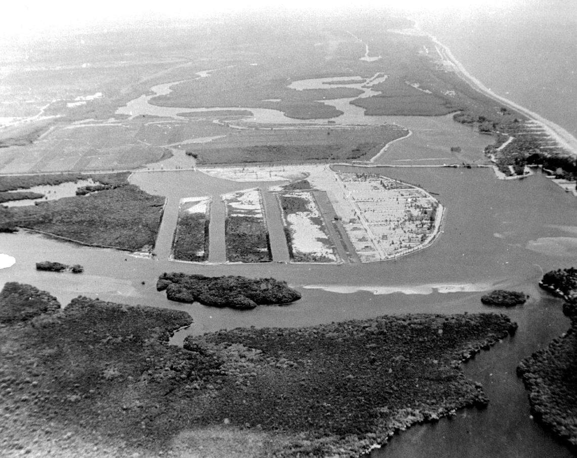 This 1925 Photo of Fort Lauderdale beach looking north to the Las Olas Boulevard bridge shows some of the islands that have since disappeared under the water. Directly south of the bridge is the beginnings of the Idlewyld subdivision; the bottom of the picture is now Harbor Beach. The Small island to the right at the mouth of the Lake Sylvia (where the now Intracoastal and New River Connect) has been underwater since at least 1940 and is now owned by a corporation based in California. The large island in the center was probably partially submerged and then filled in the 1960’s to build the Harbourage subdivision. At left are two other small islands that have since disappeared.
