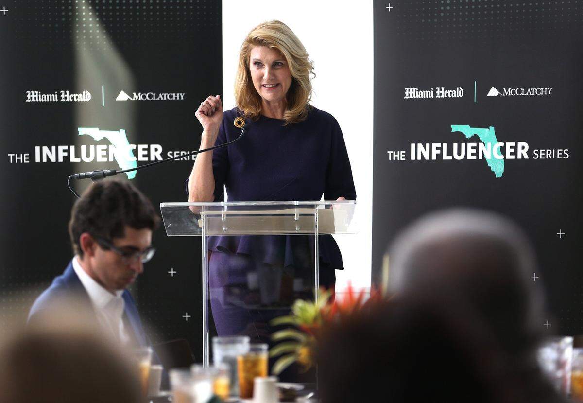 Alexandra Villoch, president and publisher of the Miami Herald Media Company & McClatchy’s East Region Publisher, greets the Florida Influencers Tuesday during the Florida Priorities Summit at the University of Miami.