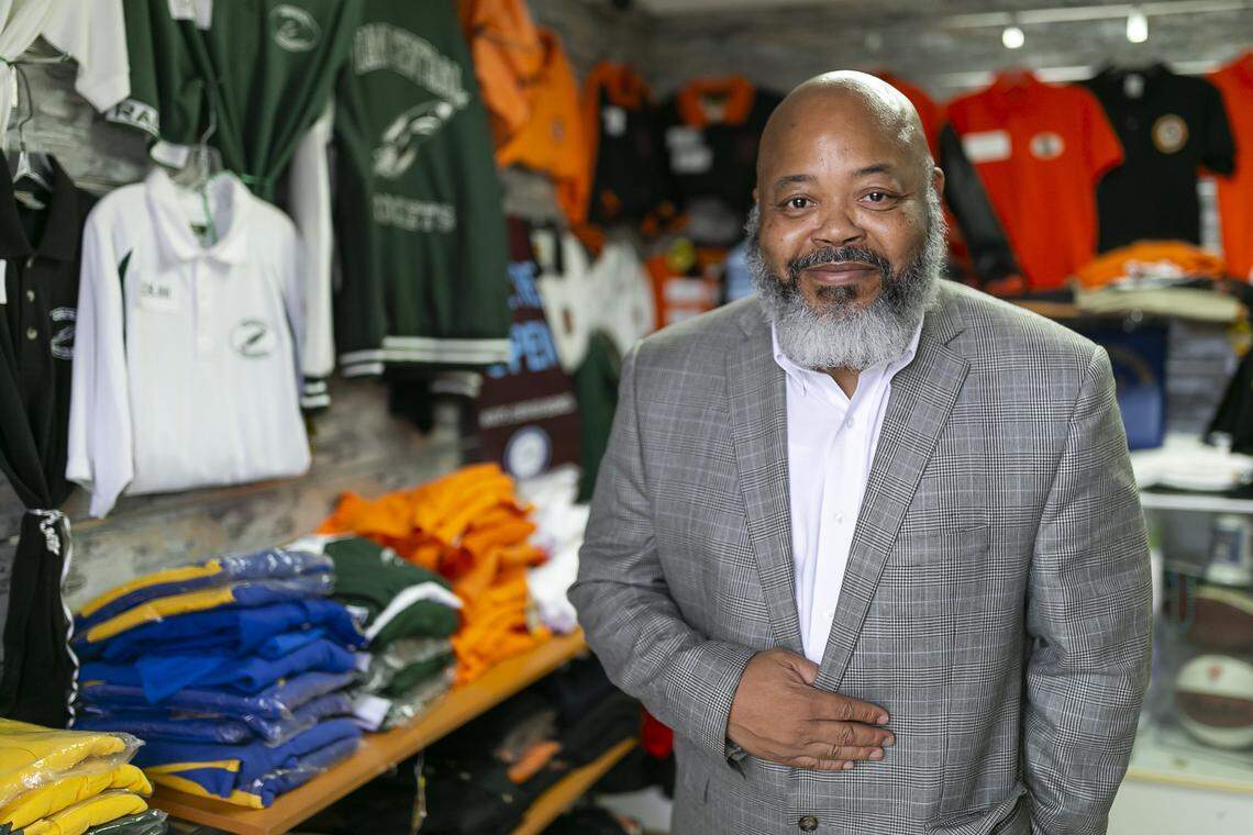 A 2020 file photo of Darryl Holsendolph, the president and CEO of Holsen Inc Event Services, working from his offices in Miami Gardens, Florida.