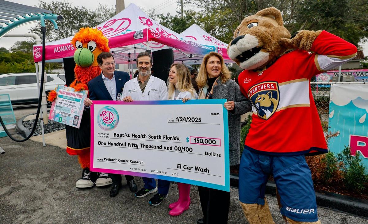 El Car Wash celebrates the company’s expansion to over 50 locations in Florida and Michigan. The company also gives back to the community with a $150,000 donation to Baptist Health for pediatric cancer research, marking the third consecutive year of support with over $300,000 raised to date in Miami, Florida on Friday, January 24, 2025. Left to right is Miami Heat mascot Burnie, Baptist Health South Florida Executive Vice President and Chief Administrative Officer Joe Natoli, Miami Cancer Institute’s Dr. Joseph Panoff, and Dr. Jane Mendez, along with the CEO of Baptist Health Foundation Alexandra Villoch and Florida Panther’s mascot Stanley C. Panther.