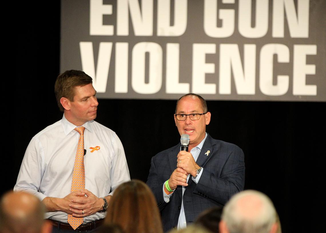 Fred Guttenberg (right), the father of Jaime Guttenberg, a Parkland victim, joined Eric Michael Swalwell Jr, U.S. Representative from California’s 15th congressional district, at a town hall meeting at BB&T Center in Sunrise where he talked about his priorities as a 2020 candidate with residents including some Parkland families. on Tuesday April 09, 2019.