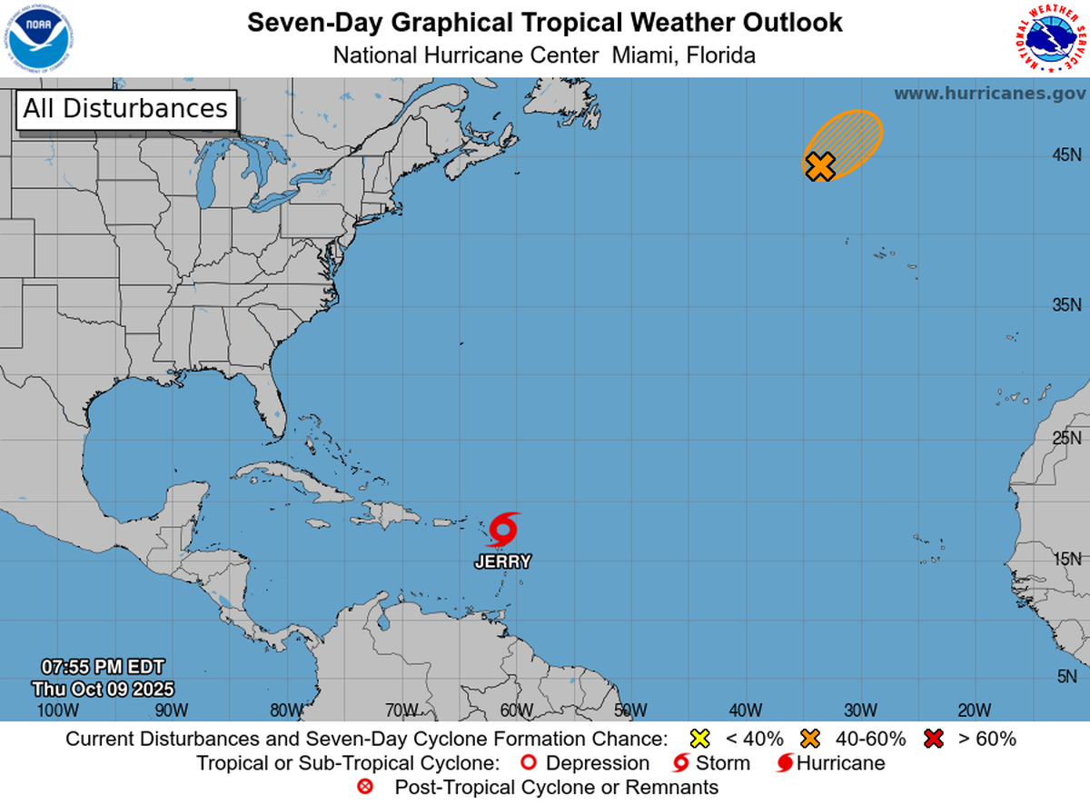 The hurricane center is watching a disturbance in the northeast Atlantic, as well as Tropical Storm Jerry.