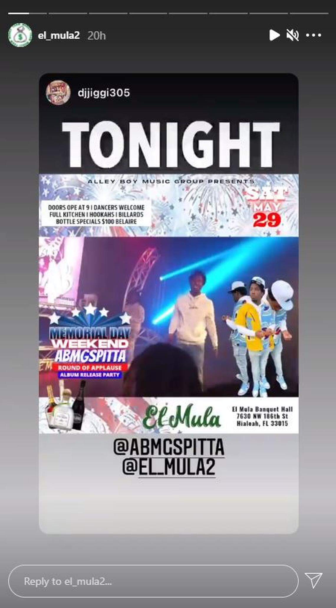 Event poster for the Memorial Day Weekend album release show at El Mula Banquet Hall on Saturday night. Police said two people were killed and up to 25 people were injured during the rap concert on May 29, 2021.